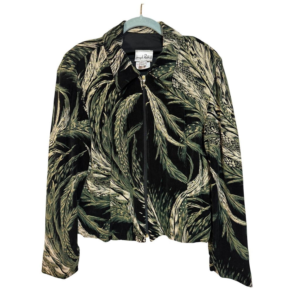 Joseph Ribkoff Jacket Women 16 Black Green Feather Snakeskin Zip Front 24899T